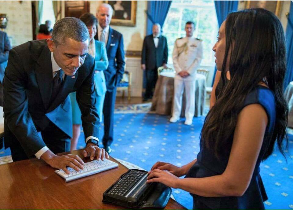 Haben talks with President Obama at the White House 25th Anniversary celebration of the ADA. (Photo by Pete Souza)