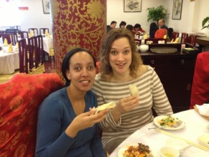 Haben and Tai eating Beijing roast duck