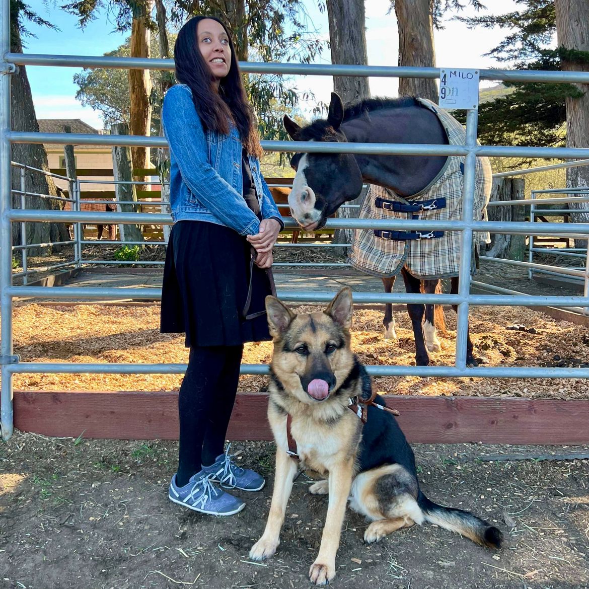 Milo, a black horse with a white blaze, pokes his head through the fence of his paddock to sniff my hands. Beside me, Mylo, my German Shepherd dog, wears a goofy smile with his tongue licking his nose. Photo by our friend & equestrian guide Lauren Janicki.