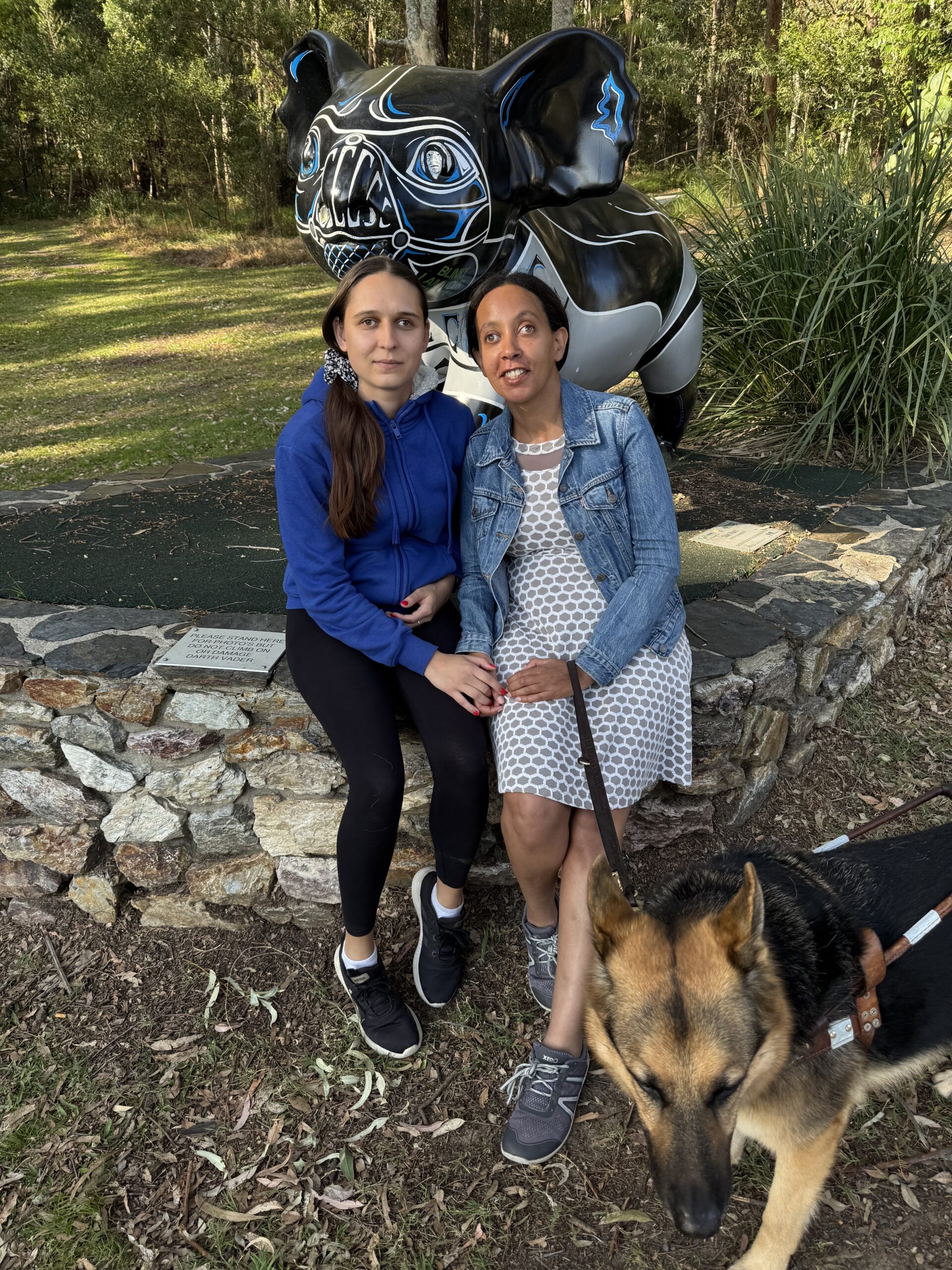 Nessa and Haben sit on a stone pedestal, and behind them, with one monstrous paw on that same pedestal, is the scariest-looking koala. Black, white, and blue paint across his large body (possibly six feet tall) match the name the artists gave this sculpture: Darth Vader. His eyes glare with the face of an old, hooded person. The sculpture stands in the forest, and birds talk throughout the video. Haben’s Seeing Eye dog stands by, a bit bored.